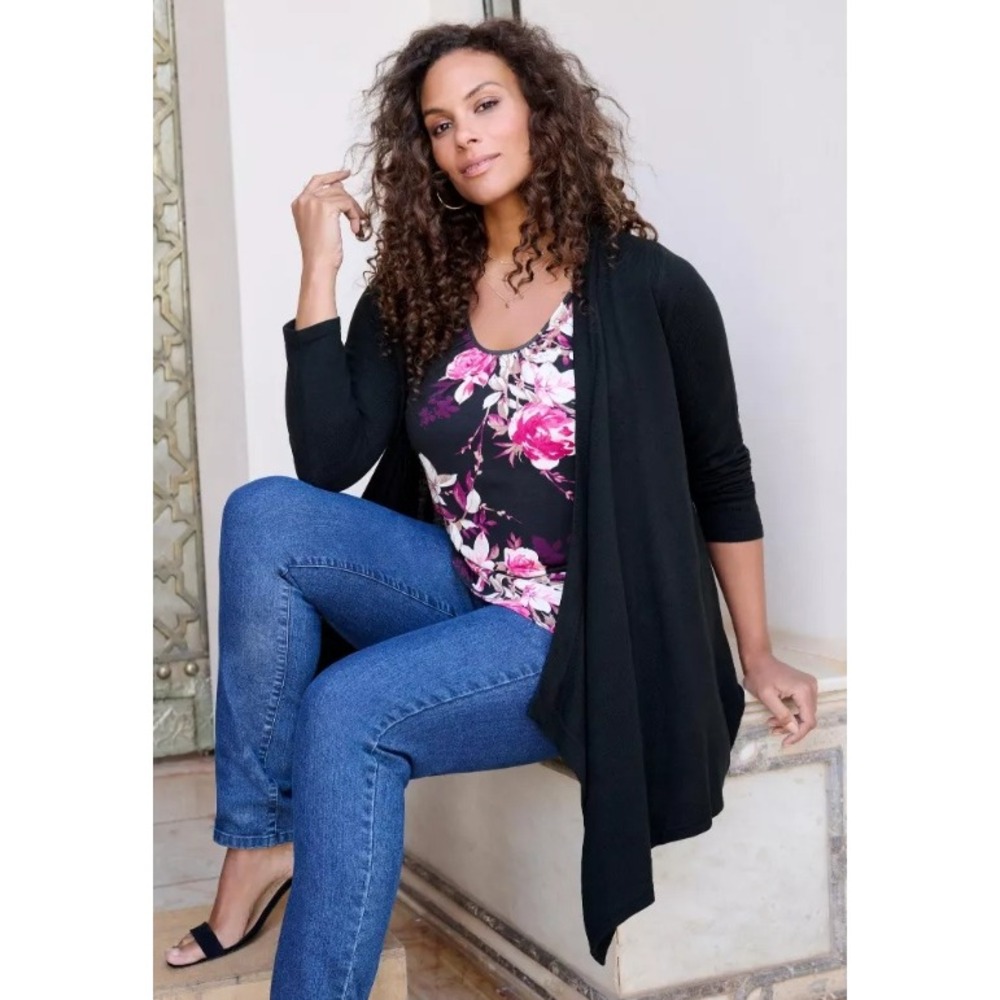 Roamans Plus Size Black Fine-Gauge Handkerchief Hem Cardigan Sweater 18/20 L